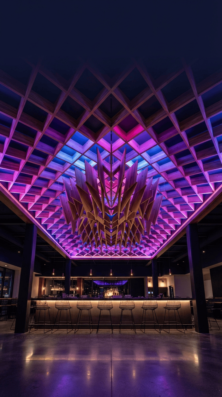 Dramatic backlit RGBW ceiling in a hospitality venue