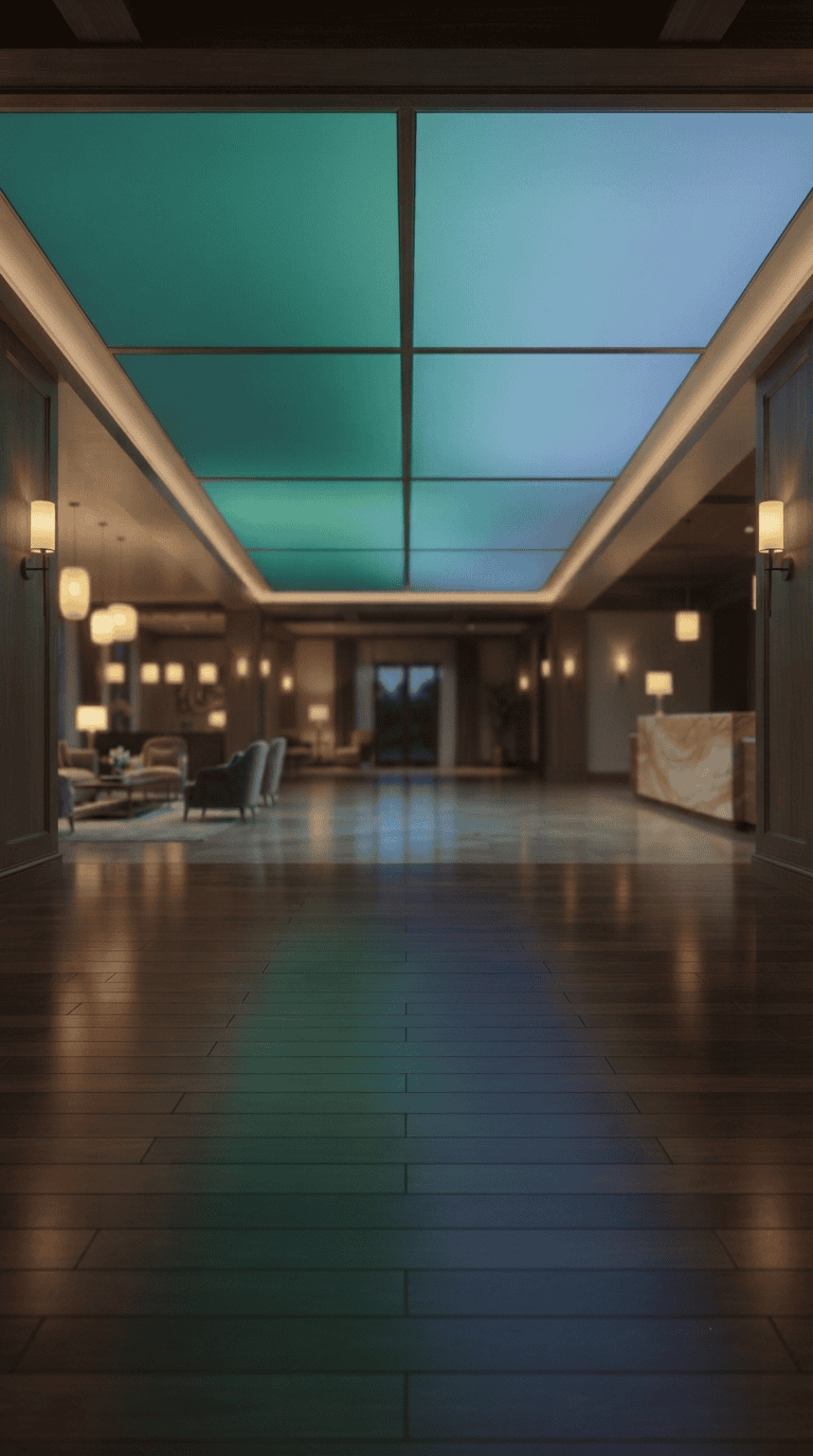 Warm dimmed backlit ceiling in a luxury hospitality corridor