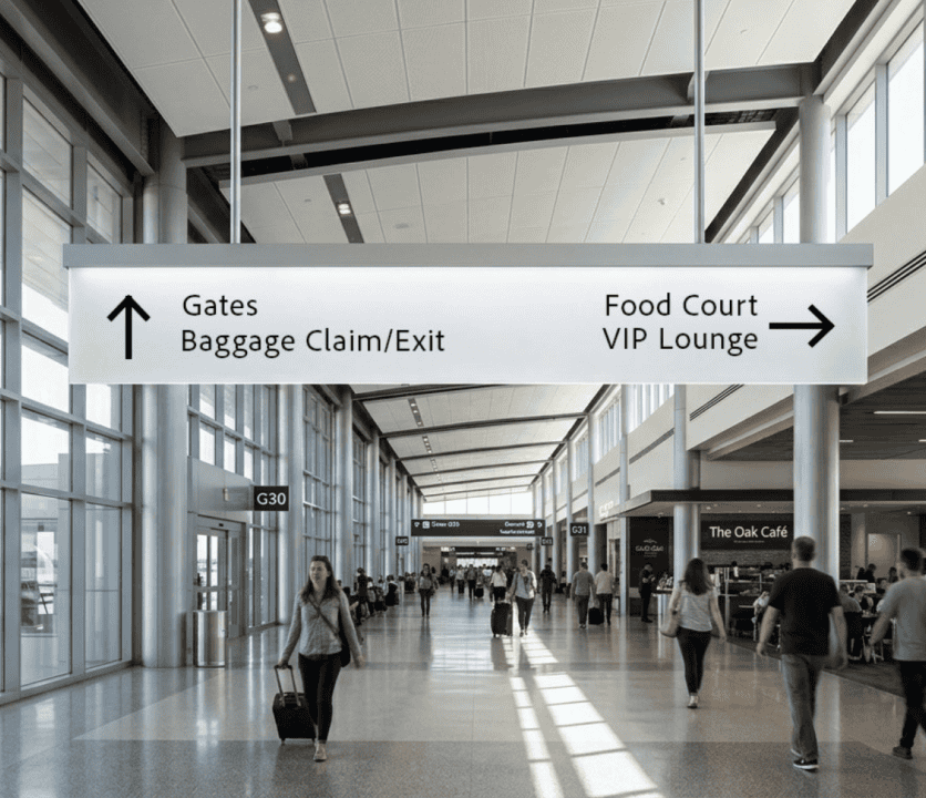 EOS Blade Media Frame suspended as an illuminated double-sided directional sign in an airport terminal, showing gates, baggage claim, food court, and VIP lounge wayfinding