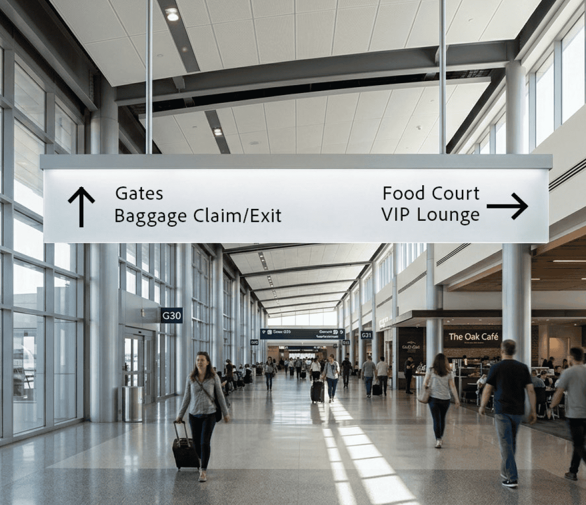 EOS Blade Media Frame suspended as an illuminated double-sided directional sign in an airport terminal, showing gates, baggage claim, food court, and VIP lounge wayfinding