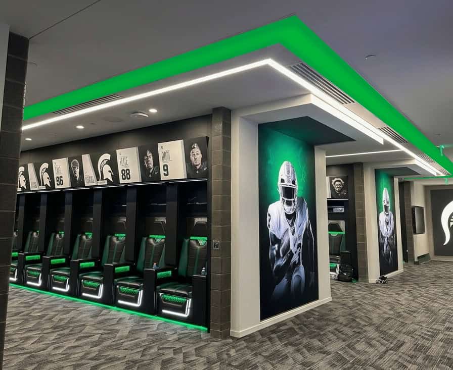 Infinity Cloud Luminaire LED cove and base lighting detail in a team locker room