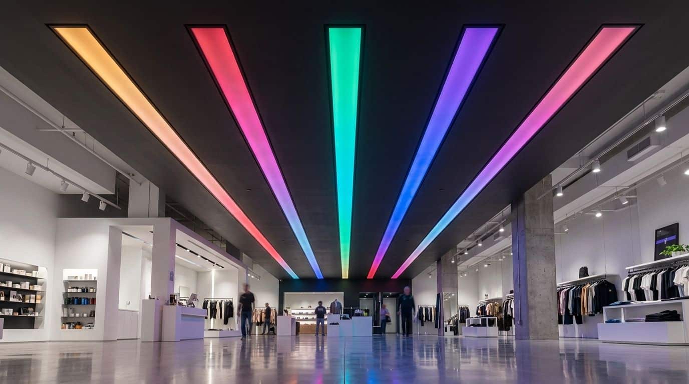 Backlit Ceiling Fixtures in a Rertailer with Pixel LEDs Chasing