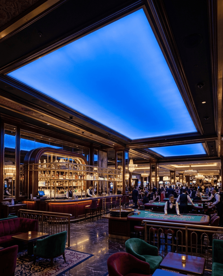 SOL Series Cloud illuminated backlit ceiling feature glowing blue in an upscale hospitality interior