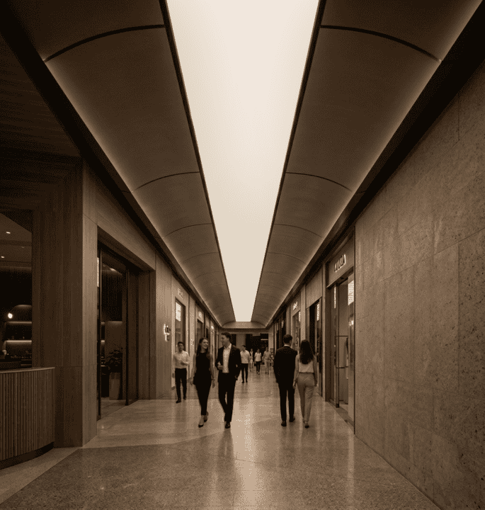 Infinity Cloud SOL Series backlit canopy soffits illuminating a stone plaza at dusk outside a modern building