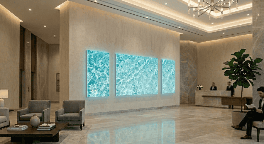 Aura STUDIO Series UV-printed backlit panels displaying green forest imagery in a modern lobby