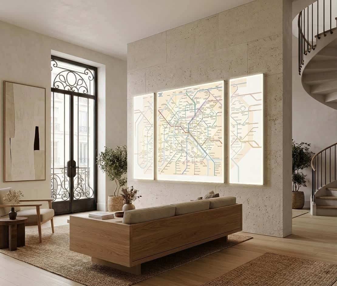 Aura STUDIO Series UV-printed backlit panels showing rippling pool-water imagery in a hotel lobby