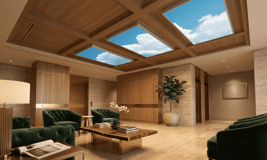 Cloud STUDIO Series printed sky-and-cloud ceiling panels installed in an upscale wood-coffered lobby