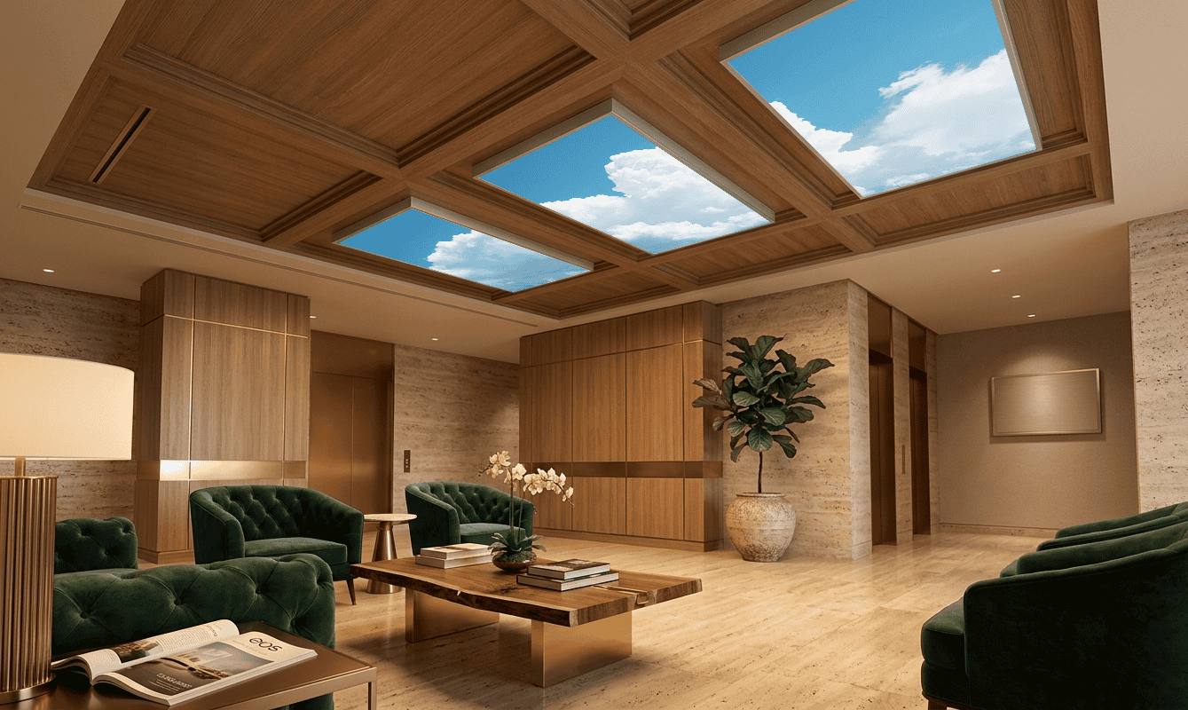Cloud STUDIO Series printed sky-and-cloud ceiling panels installed in an upscale wood-coffered lobby