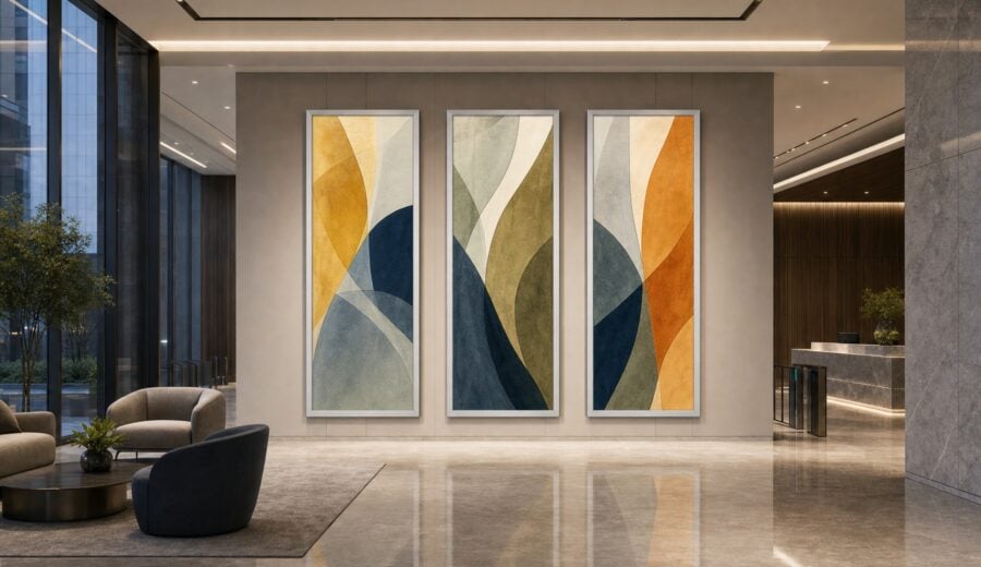 Three backlit ImageArt Glass panels with abstract artwork in silver frames on a commercial lobby wall