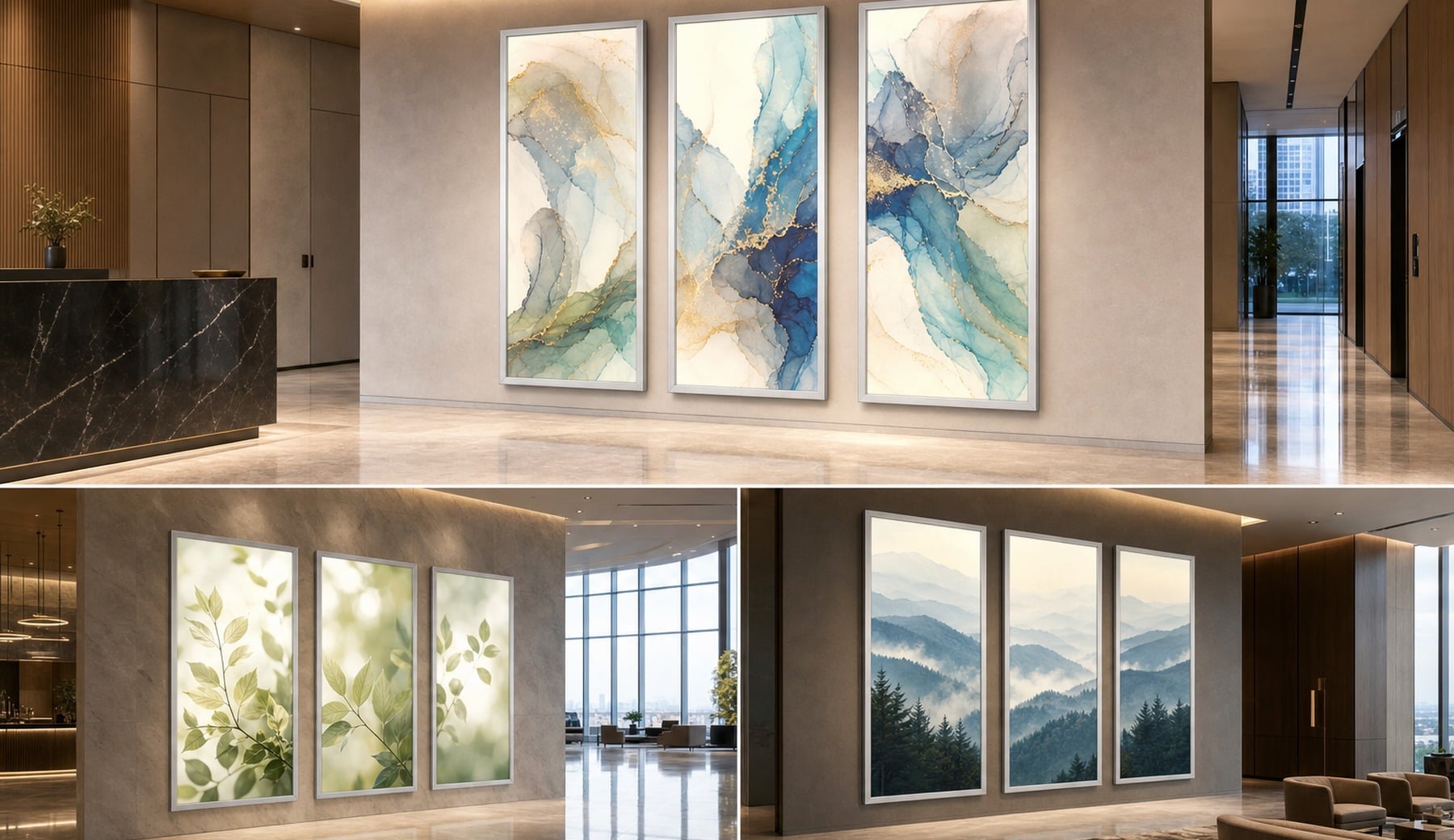 ImageArt Glass panels showing abstract, botanical and landscape artwork in commercial interiors