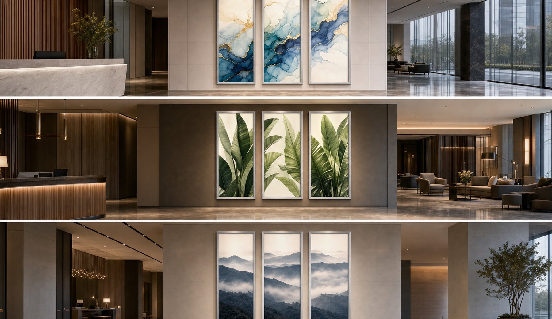 ImageArt Glass panels with abstract, botanical and landscape graphics in three commercial interiors