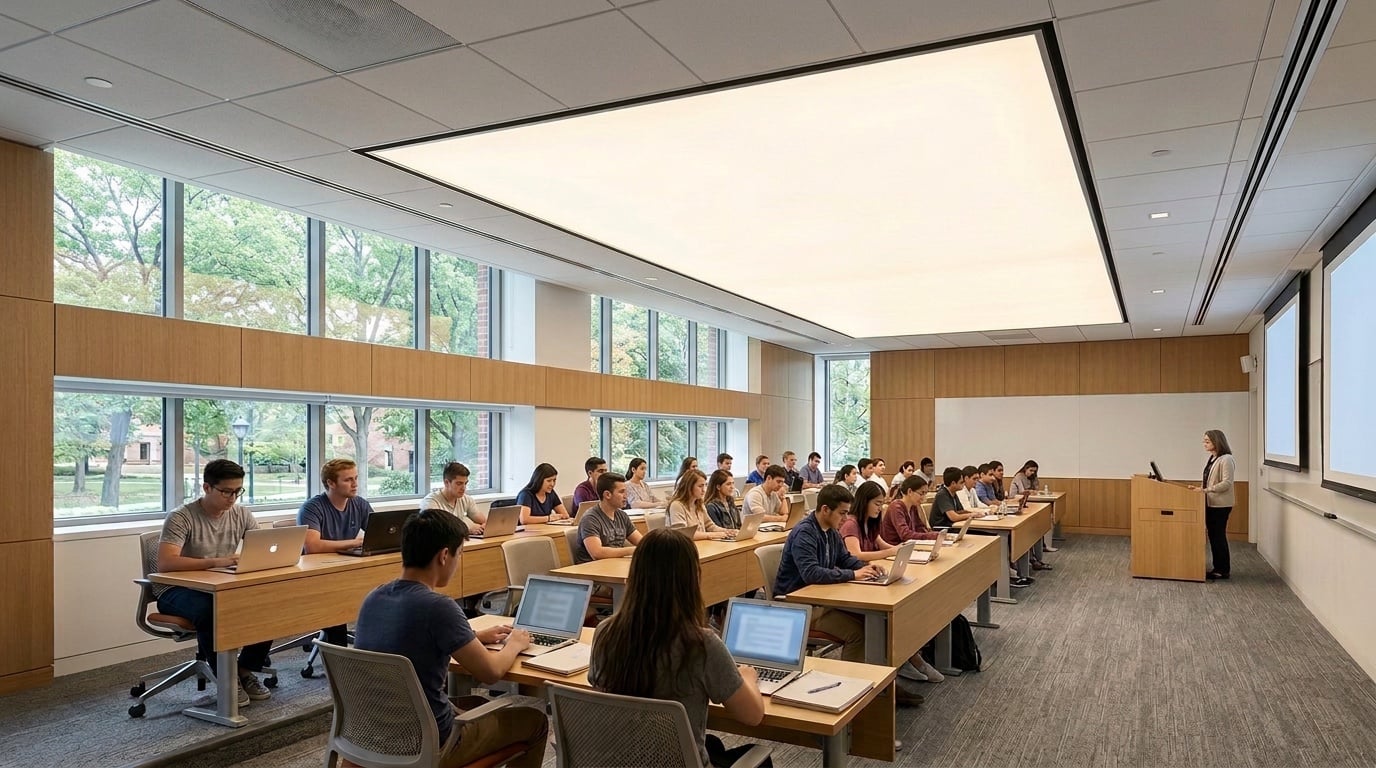 Strata Acoustic backlit stretch fabric ceiling in a university classroom by EOS