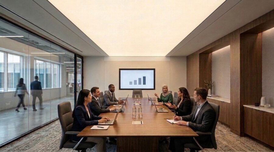 Strata Acoustic backlit stretch fabric ceiling in a conference room by EOS