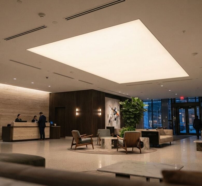 Hotel lobby with a backlit stretch fabric ceiling lit by EOS Strata LED strip matrix